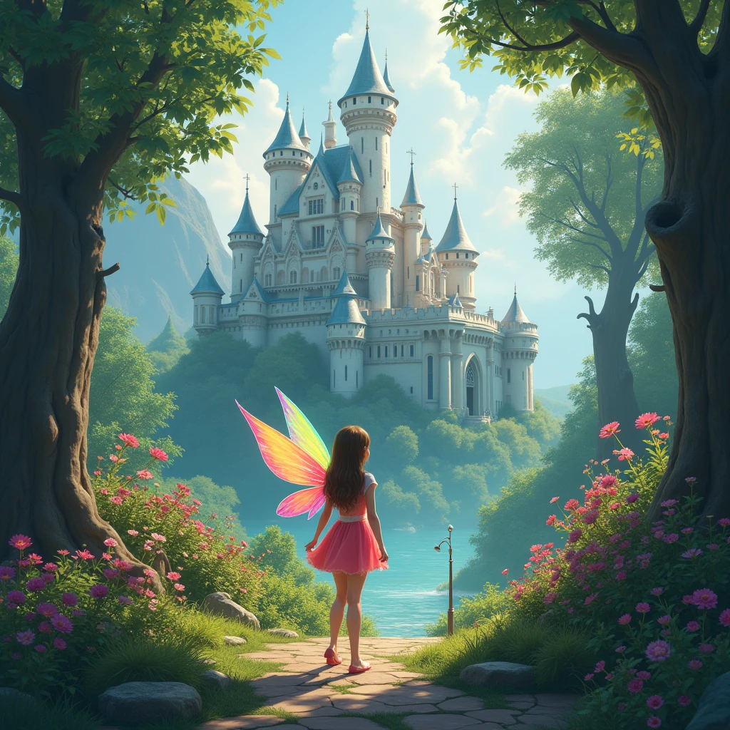 masterpiece、Highest quality、Highest quality、Delicate depiction、beautiful、Fantasyアート、Fantasy、Big Castle、beautiful森、beautiful自然、beautiful妖精、Rainbow-colored fairy、{{Little fairy}}、Cute Fairy、4K Graphics