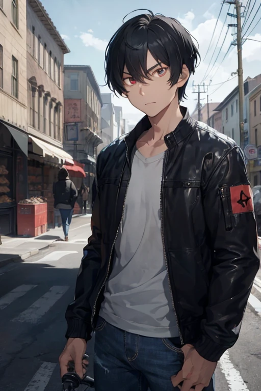 1 male, age boy, black jacket, blue jean, black short hair, red eyes, handsome face, man body, serious face, bike, store, darkest sky, demons