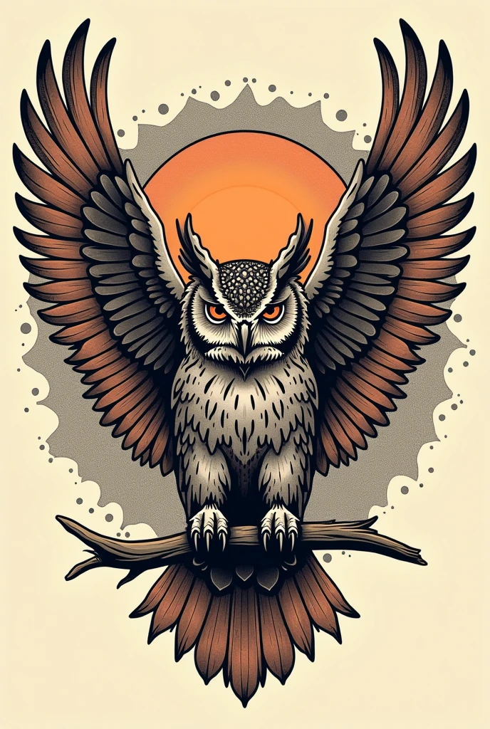 Old school owl tattoo design, with open wings, neotradicional, bold line, fine line, detailded, new school , fullcolor, tattoo design, simple scales, most realistic, different perspective , change the body