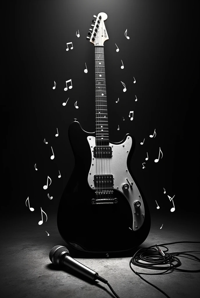 Create a black and white electric guitar with a microphone lying on the floor around loose musical notes, dark colors 