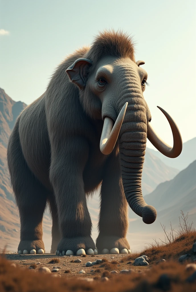 Make a realistic mammoth from the front with the camera far away from it