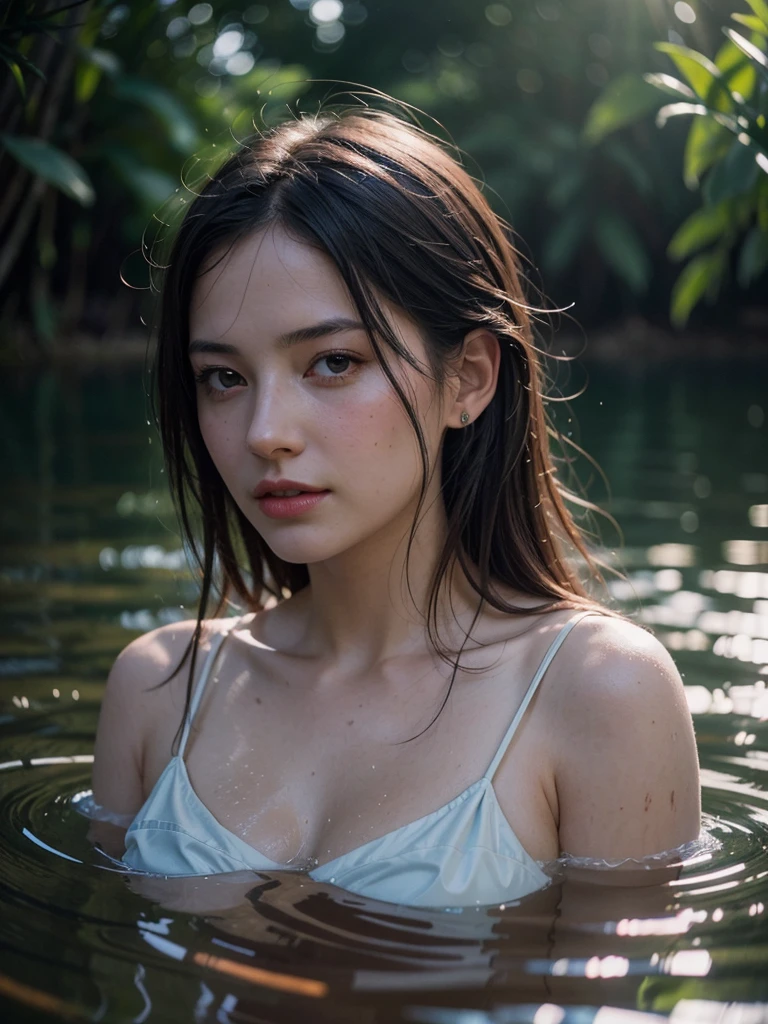 close up portrait of a cute woman (gldot) bathing in a river, reeds, (backlighting), realistic, masterpiece, highest quality, lens flare, shade, bloom, [[chromatic aberration]], by Jeremy Lipking, by Antonio J. Manzanedo, digital painting,
