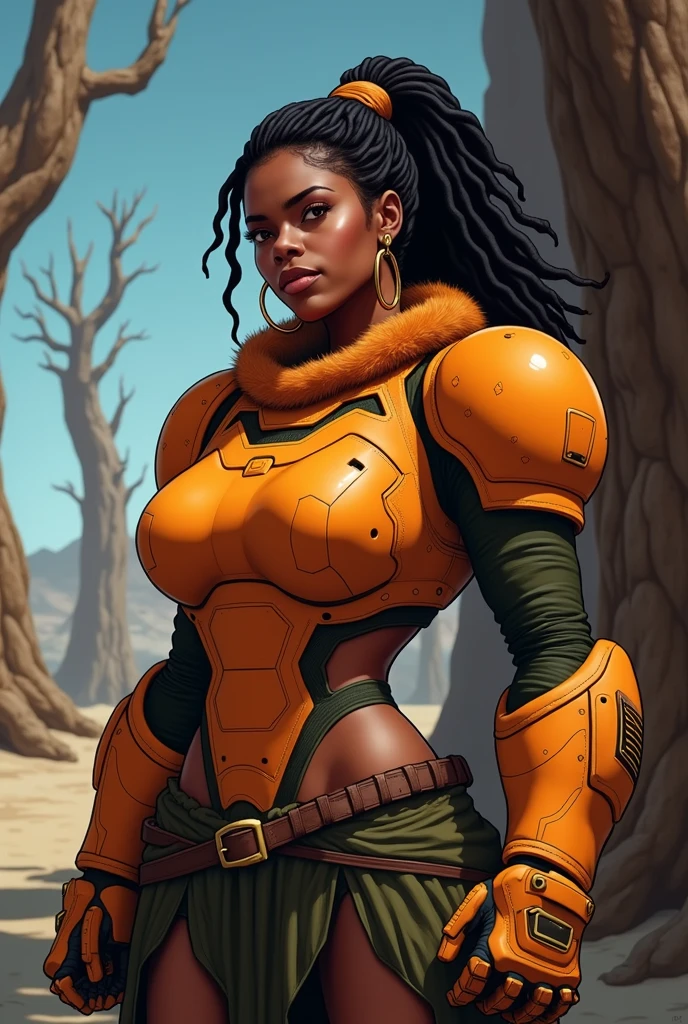 in an richly detailed dramatic-comic-book style create an illustration of an affrican woman in orange power armor covering her arms, shoulders and upper chest. The armor is a bold orange and very heavy looking, with bulky blocky features especialy over the chest, the shoulder pads of the armor or large and round. Under the armor is a dark green suit that covers her arms. the collar of the armor is high and fringed with fur. The gauntlets are bulky and robotic, and fringed with fur around the tops. Her midriff is bare and exposes her fit stomach. Around her waist is an old thick leather belt, covering her lower body is a ragged dark green loin cloth that leaves her hips and legs bare. Her upper legs are bare while on her lower legs she wears heavy  orange armored boots, topped with fur. Her short black hair is in dreadlocks which are pulled back in a pony tail. The background is a badlands with dead trees 
