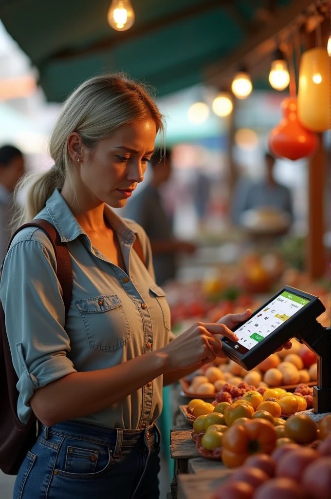 Woman shopping at the market , looking worriedly at the value on the computer screen