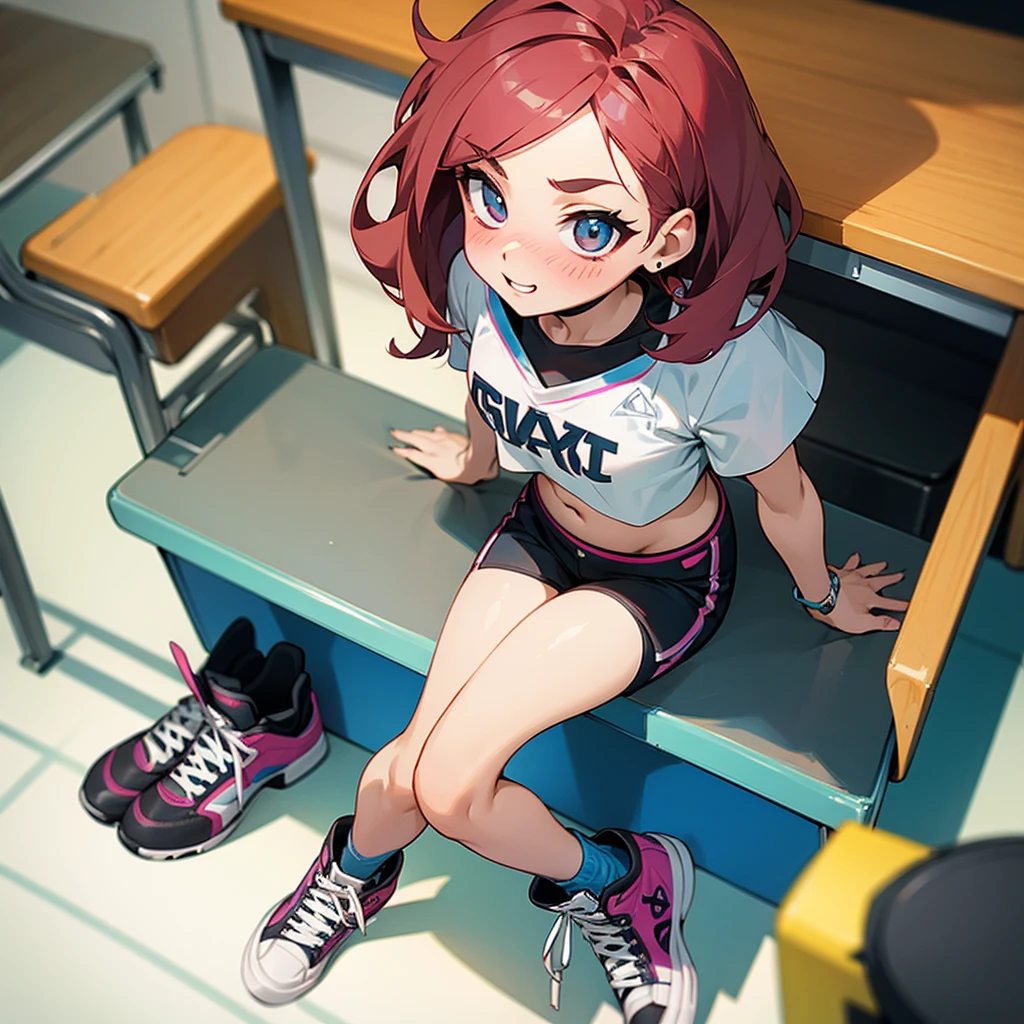 Three inch tall punk girl sitting in the middle of a college desk, excited, blushing, crop top, shorts, sneakers, curvy, from above