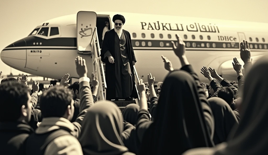 A historic photograph of Ayatollah Khomeini’s return to Iran in 1979. The scene captures him stepping off the plane, surrounded by jubilant Iranian people. The women in the crowd wear hijabs, and everyone is eagerly reaching out to greet him. The bright daylight contrasts with the grainy, slightly faded quality of the old camera image, capturing the significance of the moment in Iranian history.