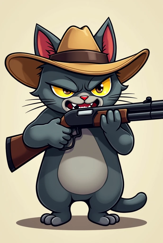 Angry gray cartoon cat with straw hat on head, with a black 12 gauge gun in his hand