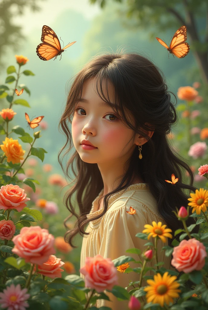 A  girl with dark chocolate brown hair,Chocolate brown eyes in a garden with lots of flowers and butterflies 