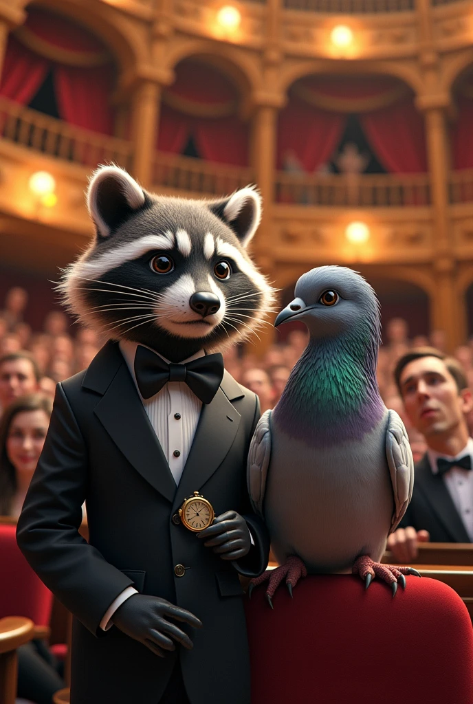 A raccoon and a pigeon at a concert 