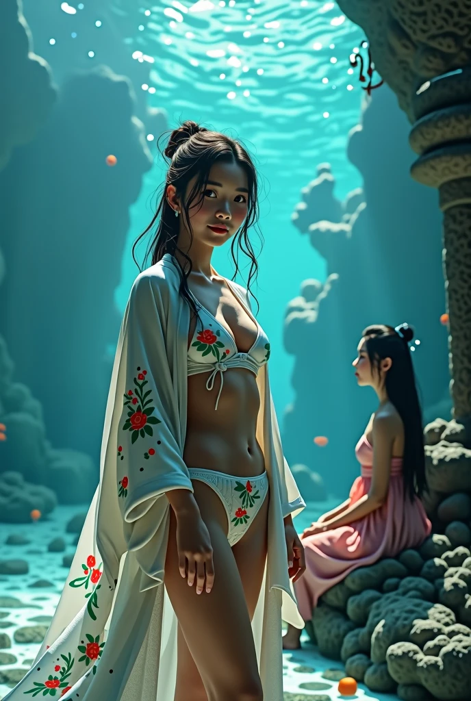 (((Otohime)))、young woman、smile、(Beauty)、Japanese、cute、1、Sexy open kimono and swimsuit、Older sister sitting、Background: Dragon Palace in the sea、((seabed))、(best quality,4K,8k,highres,masterpiece:1.2),ultra-detailed,(realistic,photorealistic,photo-realistic:1.37),HDR,uhd,studio lighting,ultra-fine painting,sharp focus,physically-based rendering,extreme detail description,professional,vivid colors,bokeh,cinematic lighting,dramatic shadow,