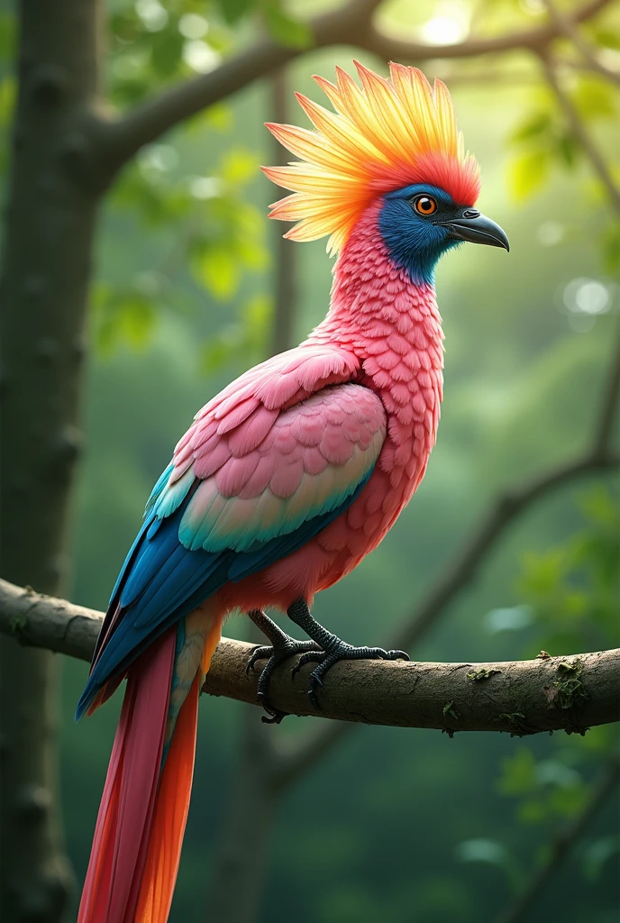 A majestic bird with pink feathers, a vibrant yellow and orange crest, and a long tail adorned with colorful spots, perched on a branch with a blurred green forest background.