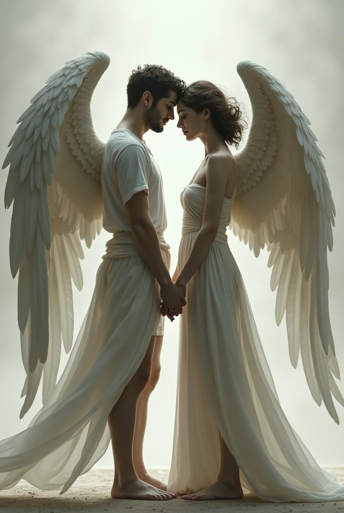 Man and woman with wings holding hands turned away from each other 