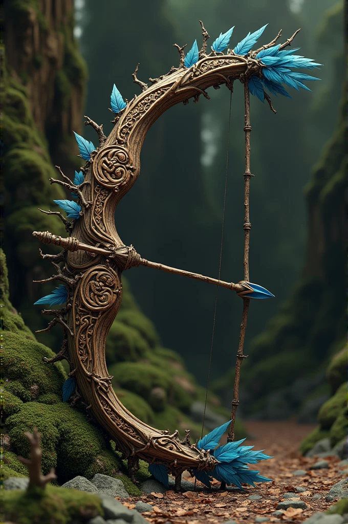 A large bow and arrow made of twigs with carved details and blue feathers on the tip