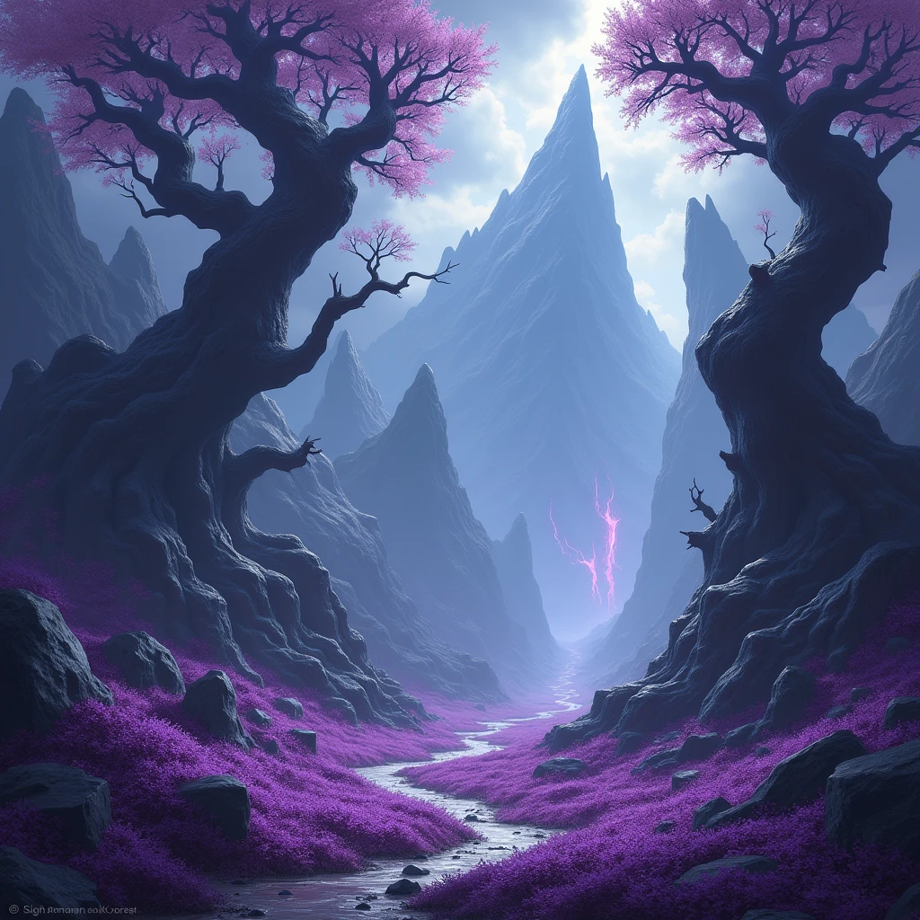 
A fantasy realm with purple vegetation. Sharp, tall, and long mountains. Tall, massive trees. Large rocks. All the trees are twisted and intimidating. DnD fantasy style art.