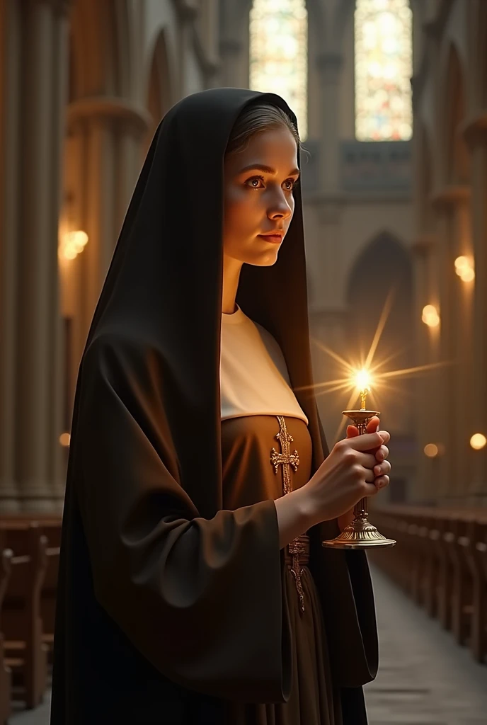 portrait of Saint Clare of Assisi in a Cathedral, nun, Damianite, white girl, young woman, wearing a brown habit covering her black hair, holding monstrance on her chest, clear facial features, photo front, cinematographic, photo shoot, filmed with a 25 mm lens, depth of field, tilt blur, shutter speed 1/1000, f/22, white balance, 32k, super resolution, Pro Photo RGB, half backlight, backlight, dramatic lighting, incandescent, soft lighting, volumetric, Conte-Jour, global illumination, screen space global illumination, scattering, shadows, rough, flickering, lumen reflections, screen space reflections, diffraction grading, Chromatic aberration, GB shift, scan lines, ambient occlusion, anti-aliasing , FKAA, TXAA, RTX, SSAO, OpenGL-Shader's, post-processing, post-production, cell shading, tone mapping, CGI, VFX, SFX, incredibly detailed and intricate, hyper maximalist, elegant, dynamic pose, photography, volumetric, ultra-detailed, intricate details, super detailed, ambient --uplight --v 4 --q 2