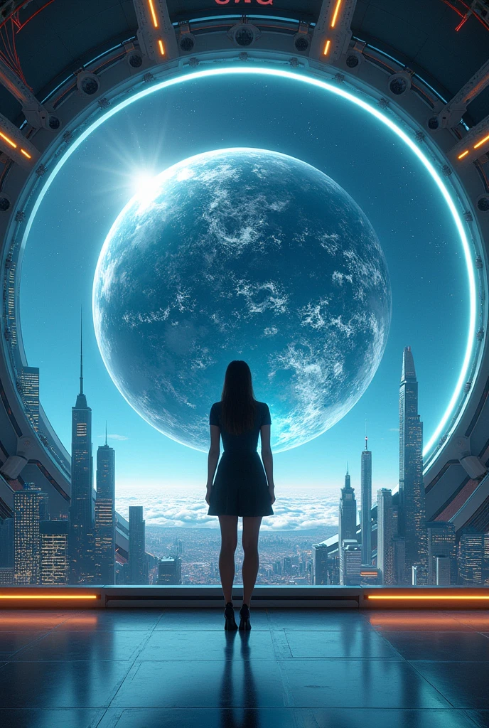 A GLASS SPHERE SHOWING THROUGH A UAG SIGN IN SPACE AS SEEN BY A BUSINESSWOMAN SURROUNDED BY A CITY