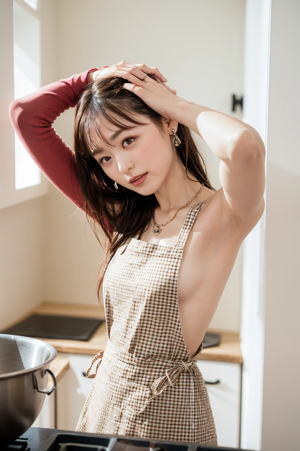 (32K:1.9, Highest quality, masterpiece, Ultra-high resolution, Professional random angle camera work:1.5, Highly detailed skin and face textures:1.4), Always accurate, Very detailed, ((2 Japanese wife, Busty on the verge of collapse, Cooking in the kitchen:1.6, The morning light illuminates the hut, Wearing only a gingham apron, naked.:1.7, Incredibly slim body:1.5, areola is not visible)), Small face, Fair skin, elegant, sense of cleanliness, Vegetable cutting pose, (Big eyes that exude beautiful eroticism:0.4, A shy smile:1.0, I love you with all my heart:0.8, Please open your mouth a little, lipstick, Feel the beautiful eroticism:0.9), (Wet dark brown messy hair), Earrings, necklace, bracelet, (romantic, artistic, mysterious), Object of admiration, original, dramatic, Innovative, charm, Heartful, Fancy, sense of openness, special, exciting, Extreme, Tilt, sense of loss, sorrow, Expression of sorrow, (((The charm of youth, Feminine charm)))、(Raise your arms)、Hurrah!、bangs、(Armpits are visible),(Sideboob),(Side view),(Thighs)