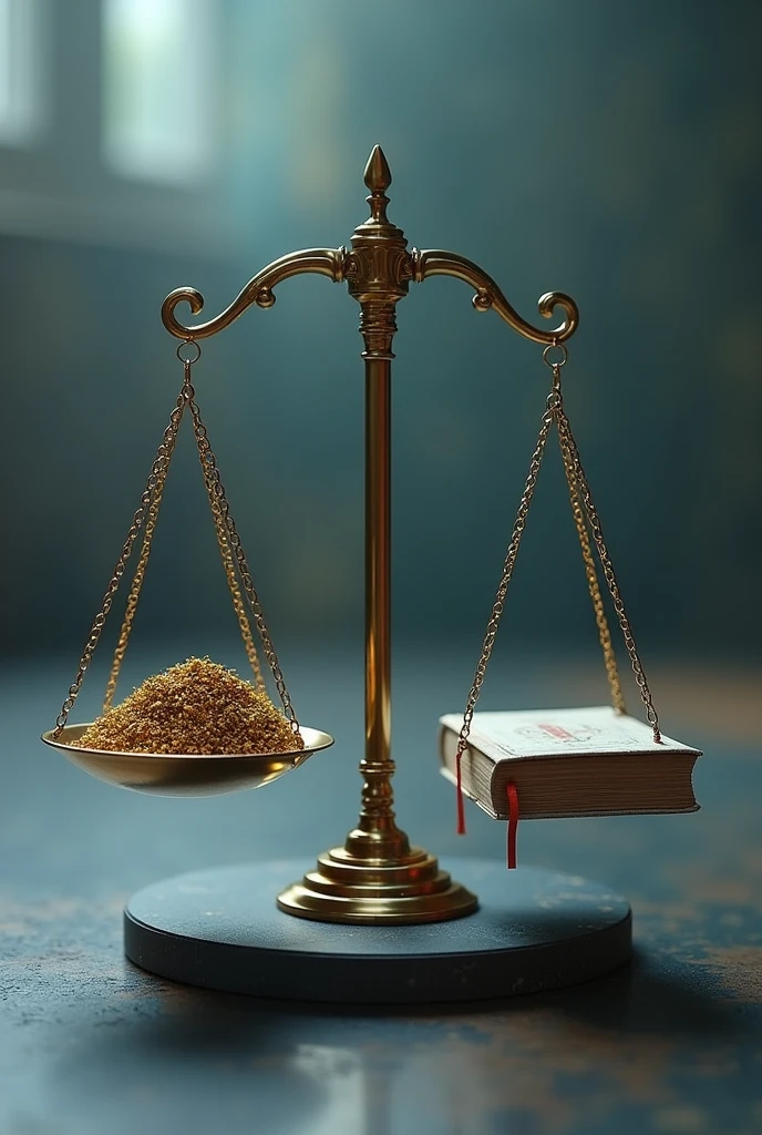 A balance of justice, where on one plate there are nanoparticles and on the other, symbols that represent ethics, like a book of laws. The scale is delicately balanced, emphasizing the need to balance technological advancement and ethical responsibility.