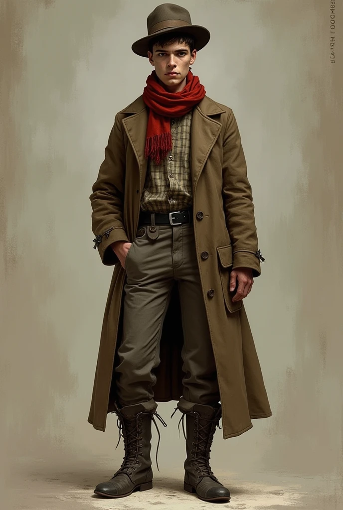 A former russian student, 2, male, living in poverty in 1866
Tall and lean, around 5'10"-6'0", pale, thin, and gaunt face, high cheekbones, prominent forehead, sunken dark intense eyes, dark brown unkempt hair, he's kinda malnourished
His clothing portrayed his poverty, Old Worn brown coat with torn sleeve, faded checkered cotton shirt with frayed collar, worn grayish-brown trousers, scuffed boots, battered old felt hat, faded red cotton scarf.