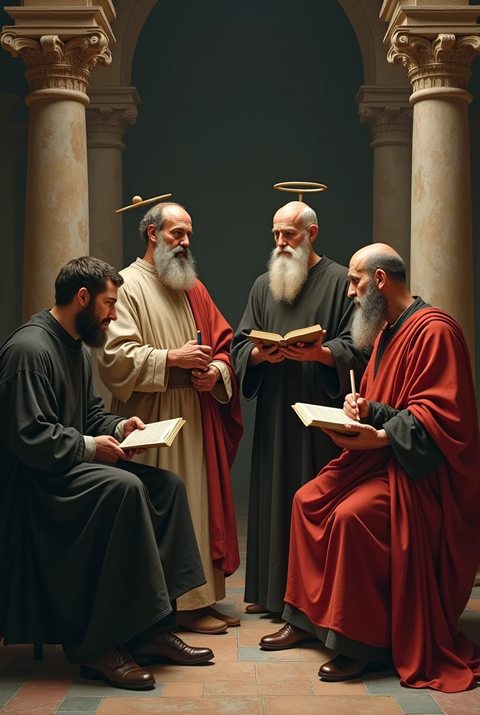A visual composition showing representations of Plato, Aristotle, saint augustine, and Thomas Aquinas