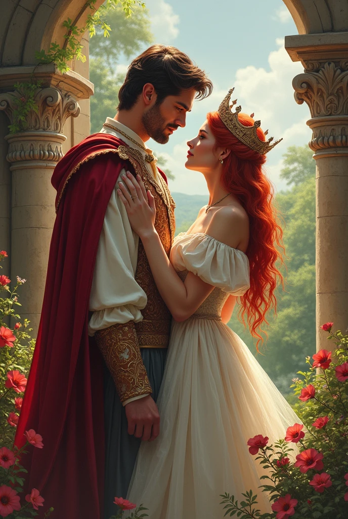 a handsome prince looking at the red-haired commoner in a white dress and a crown in a castle with a background of a beautiful garden of flowers and fountains