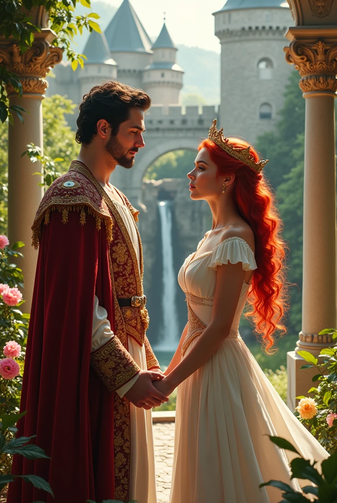 a handsome prince looking at the red-haired commoner in a white dress and a crown in a castle with a background of a beautiful garden of flowers and fountains