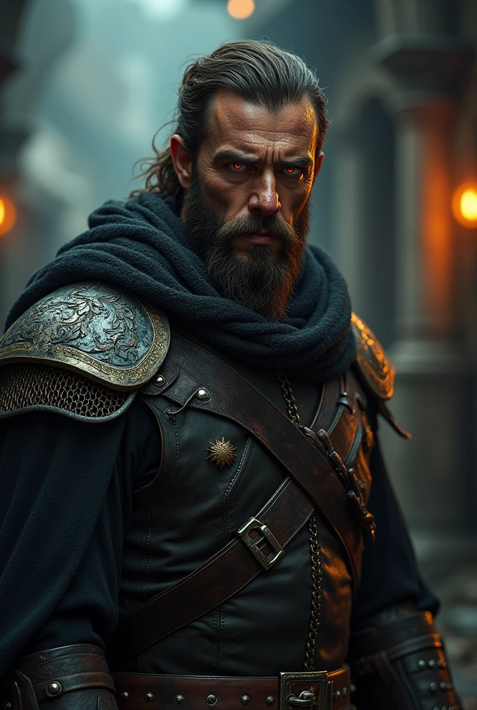 A man of average height with brown hair, with full beard, slightly red eyes with a medieval outfit with mesh details and slightly muscular