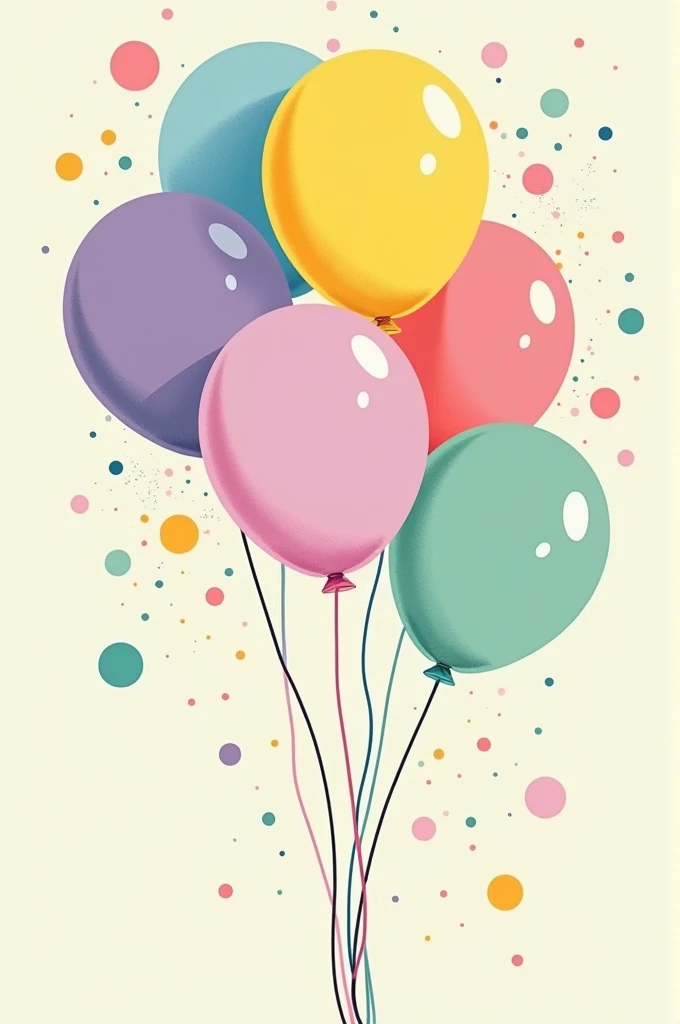 Create a pop art style t-shirt in pastel tones with balloons as its central theme , sempertinas and colored spots ; that has pastel yellow , lila , pastel pink , pastel blue and pastel green.