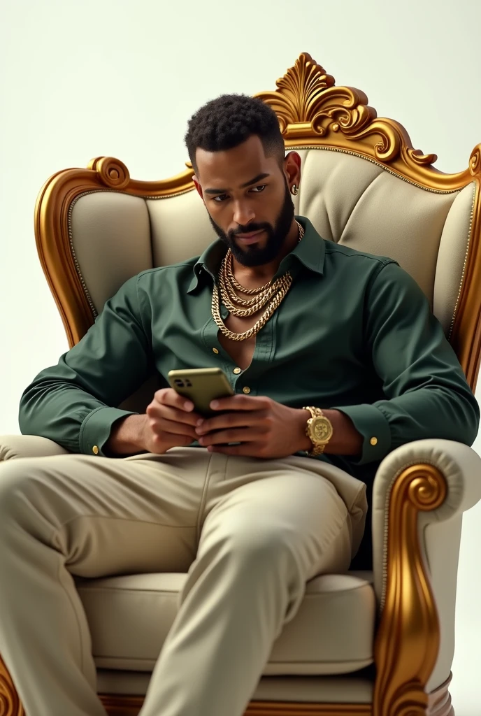 A rich handsome man, in dark green shirt and cream cargo pants, gold chains in neck, sitting on a golden royal crown wingback sofa, in relaxing pose, diplaying mobile screen showing towards the viewers, with white background