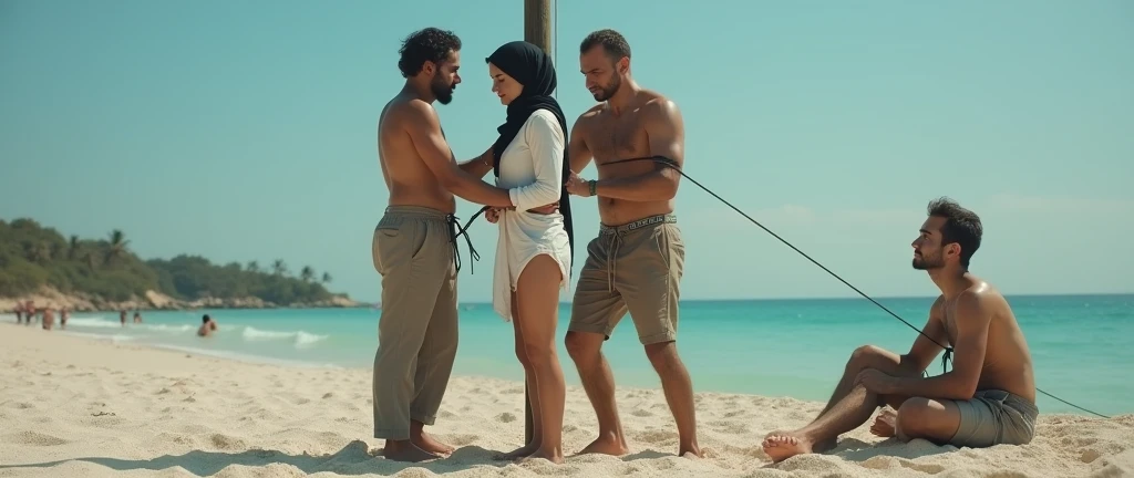 Black headscarf on the beach, black sweatpants, barefoot, Sexy thin woman in a white long-sleeved shirt is tied to a pole by 2 men and they are touching her. Another man sits and watches them.