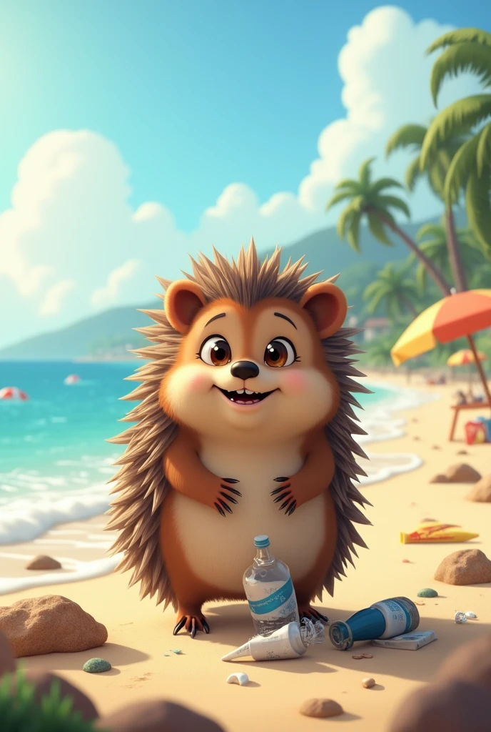 An animated brown hedgehog collecting trash on the beach