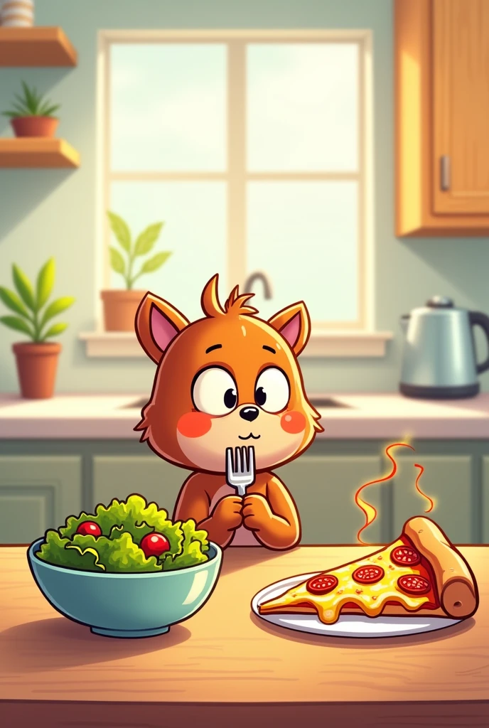 CARTOON CHARACTER EATING SALAD AND THINKING ABOUT PIZZA