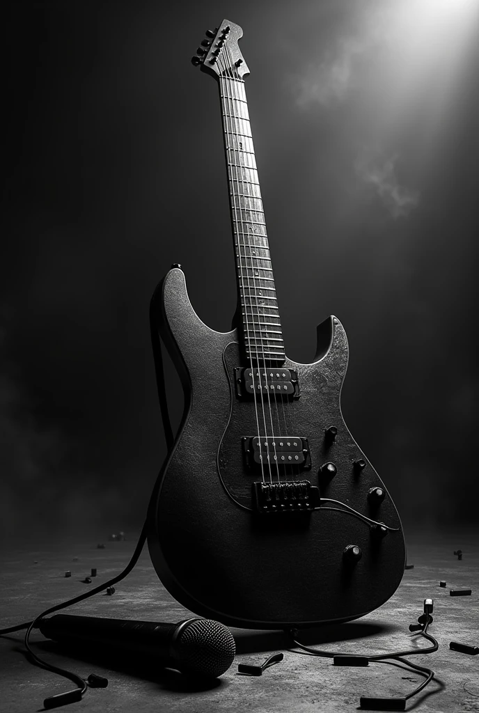 Create a black and white electric guitar with a microphone lying on the floor around loose black musical notes, Dark colors all on the floor 