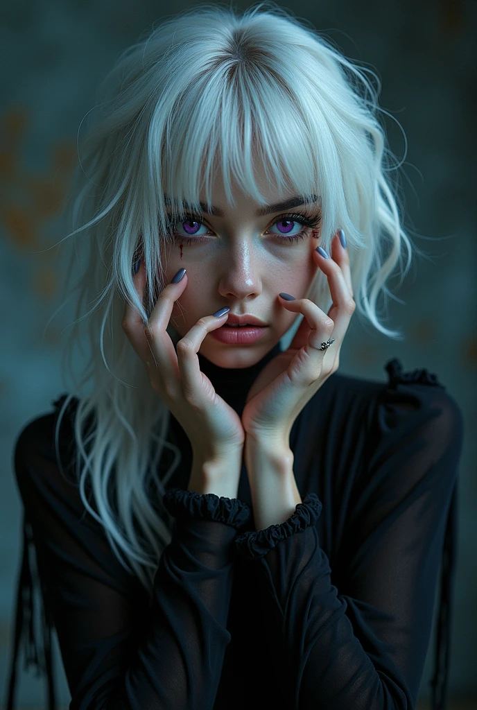 photography, masterpiece, top quality, photorealistic, 8K, high resolution, detailed skin, 8K Ultra HD, DSLR, soft lighting, high quality, film grain, Fujifilm XT3, (upper_body:1.4), 1.2, realistic, Ultra Detail, Ultra High Resolution, blurry, extremely detailed CG unity 8k wallpaper, finely detail, highly detailed, cinematic lightning, official art, perfect anatomy, perfect hands, perfect face, round face, best quality, dreamlikeart, (8k, RAW photo, best quality, masterpiece:1.2), (perfect face:1.3), (BREAK:1.7), (masterpiece, best quality, ultra-detailed, best shadow), (detailed background,dark fantasy), (beautiful detailed face), high contrast, (best illumination, an extremely delicate and beautiful), ((cinematic light)), colorful, hyper detail, dramatic light, intricate details, (1girl, solo,white hair, sharp face,purple eyes, hair between eyes,dynamic angle), blood splatter, swirling black light around the character, depth of field,black light particles,(broken glass),magic circle,