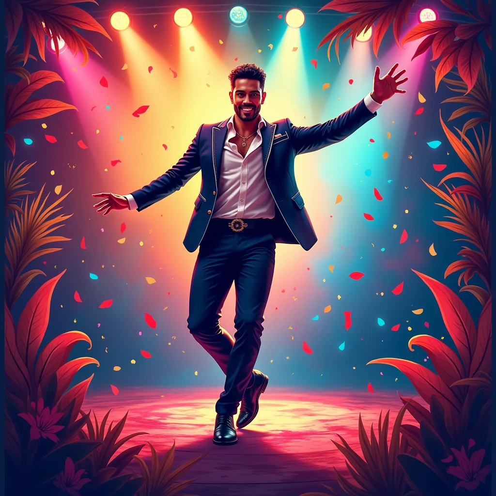 Banner "good" of Latin male singer dancing written ((good))