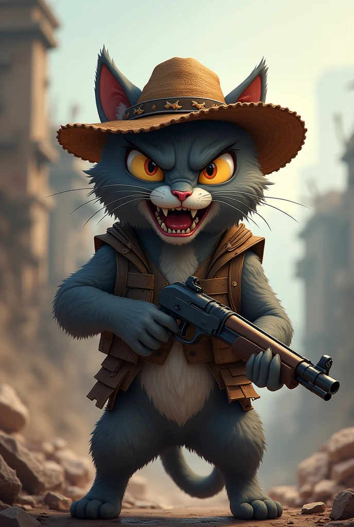 Angry cartoon cat in gray free fire theme with straw hat on head, with a 12 gauge gun in his hand
