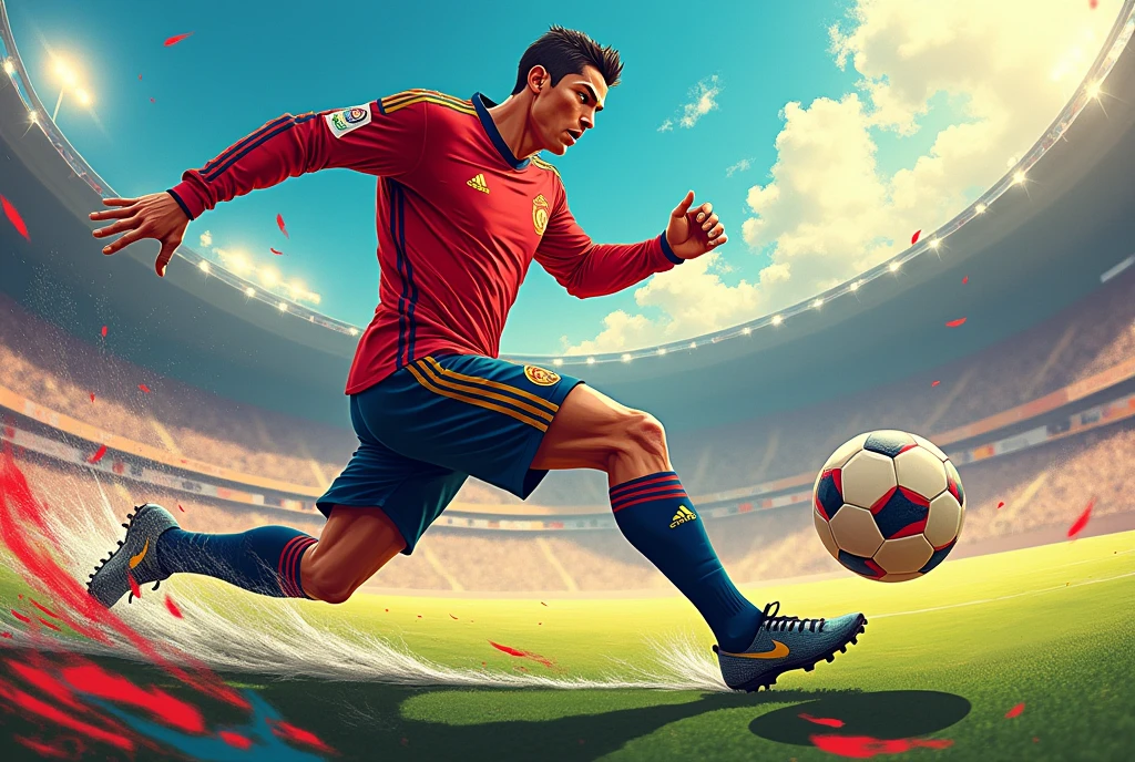 Cristiano Ronaldo chutando uma bola para o gol, anime, anime style, motion blur, Action painting, Pop art, UHD, high details