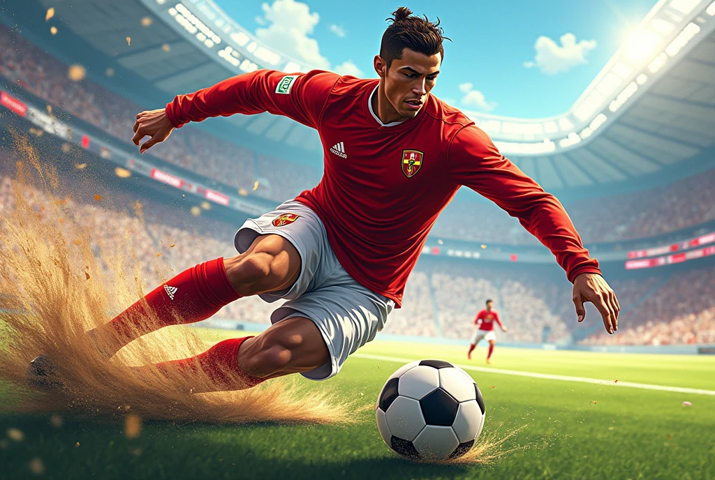 Cristiano Ronaldo chutando uma bola para o gol, anime, anime style, motion blur, Action painting, Pop art, UHD, high details