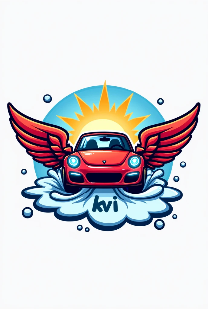 Make me a logo for a car wash with foam and preferably have it in the color of an eye and have the word KVI and have a little winged car with a clear design and name and always preferably in the color red so that it is not so futuristic., 




