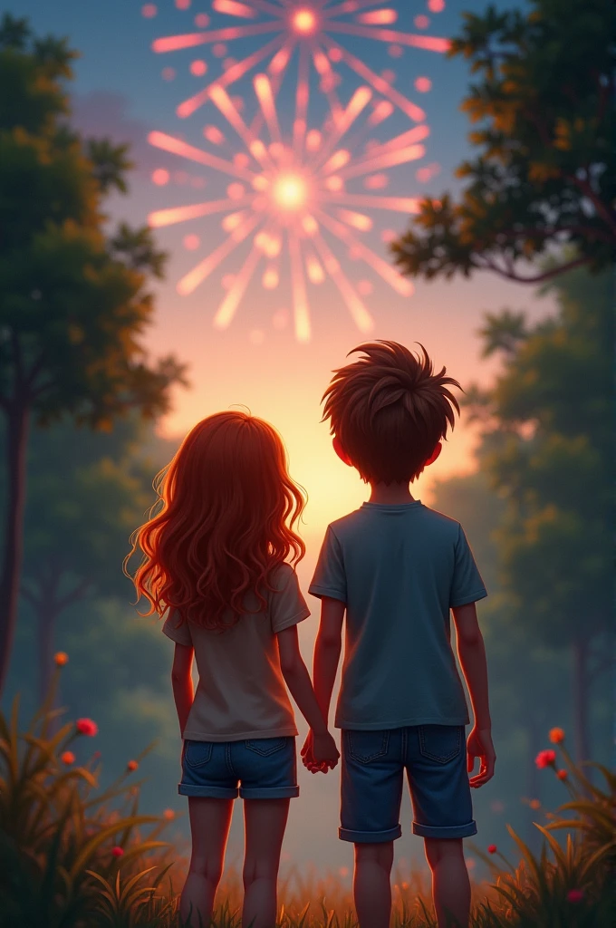 A 1 teenager with wavy orange-red hair, mestizo camp shirt and some denim shorts, Next to her is an boy with wavy, almost golden brown hair and hazel eyes, wearing the same shirt and jeans., They are both watching fireworks in the camp forest.
