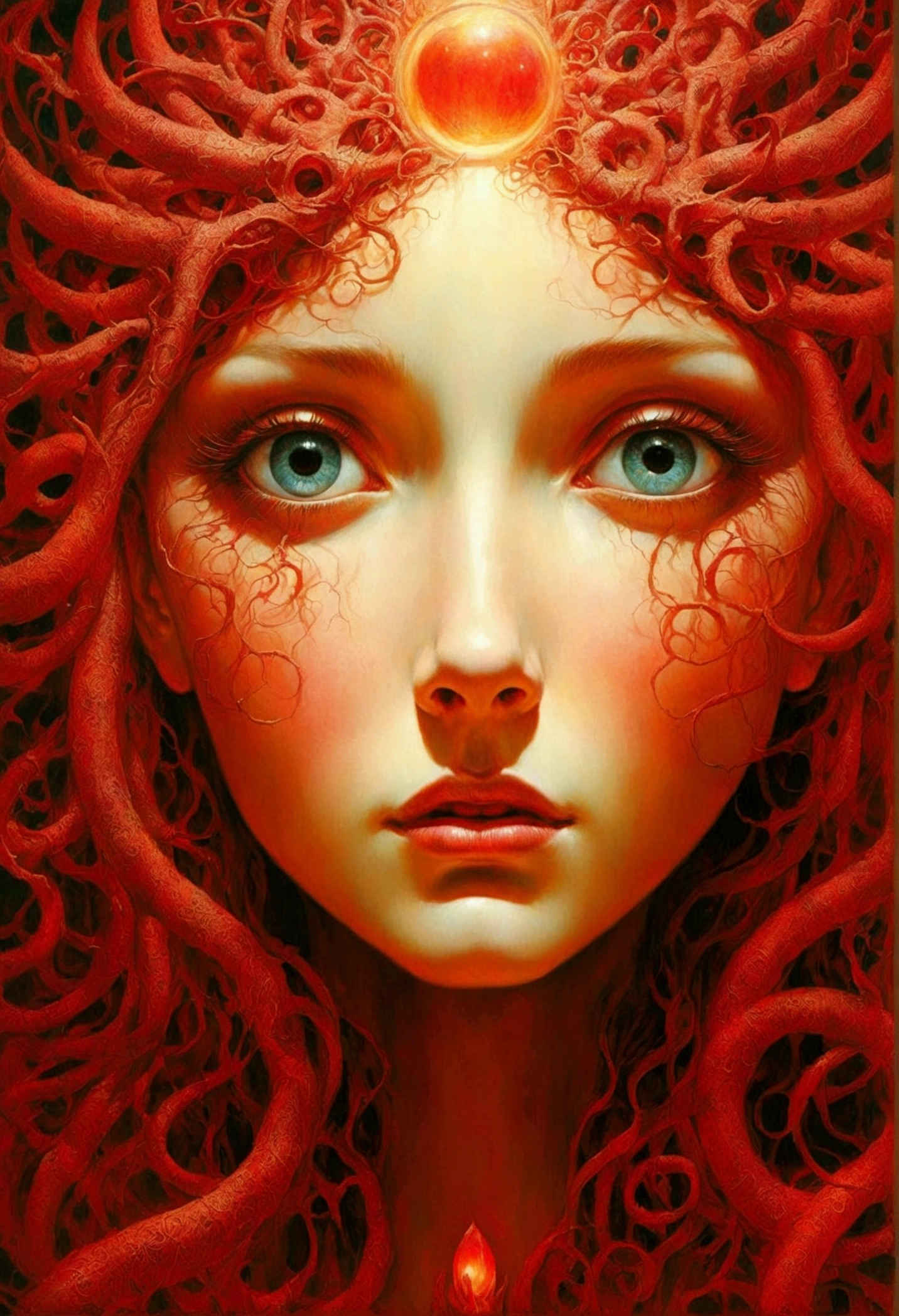 Mythical creatures, author：By Zdzisław Beksinski, Mucha、red、Big eyes、Azathoth、close up of girl&#39;s face