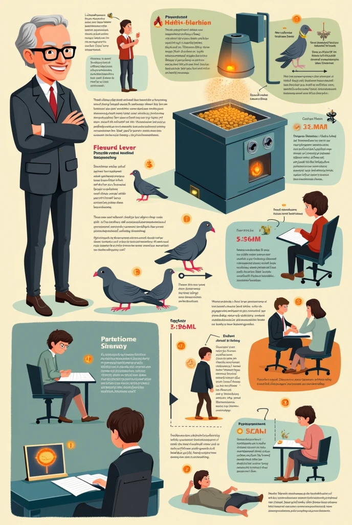 1. Image by Burrhus Frederic Skinner, the psychologist who developed the theory of operant conditioning.
2. An illustration of the "Skinner's box" with a lever and a rat or pigeon to demonstrate the experiment.
3. An image of a student studying or receiving rewards (as gifts or congratulations) to illustrate positive reinforcement.
4. An image representing the withdrawal of privileges (like a red cross on a gift) to illustrate negative punishment.
5. An image showing the relationship between behavior and consequences, like a scale or an arrow pointing towards a consequence.
6. An image illustrating the process of learning and modifying behavior through operant conditioning.