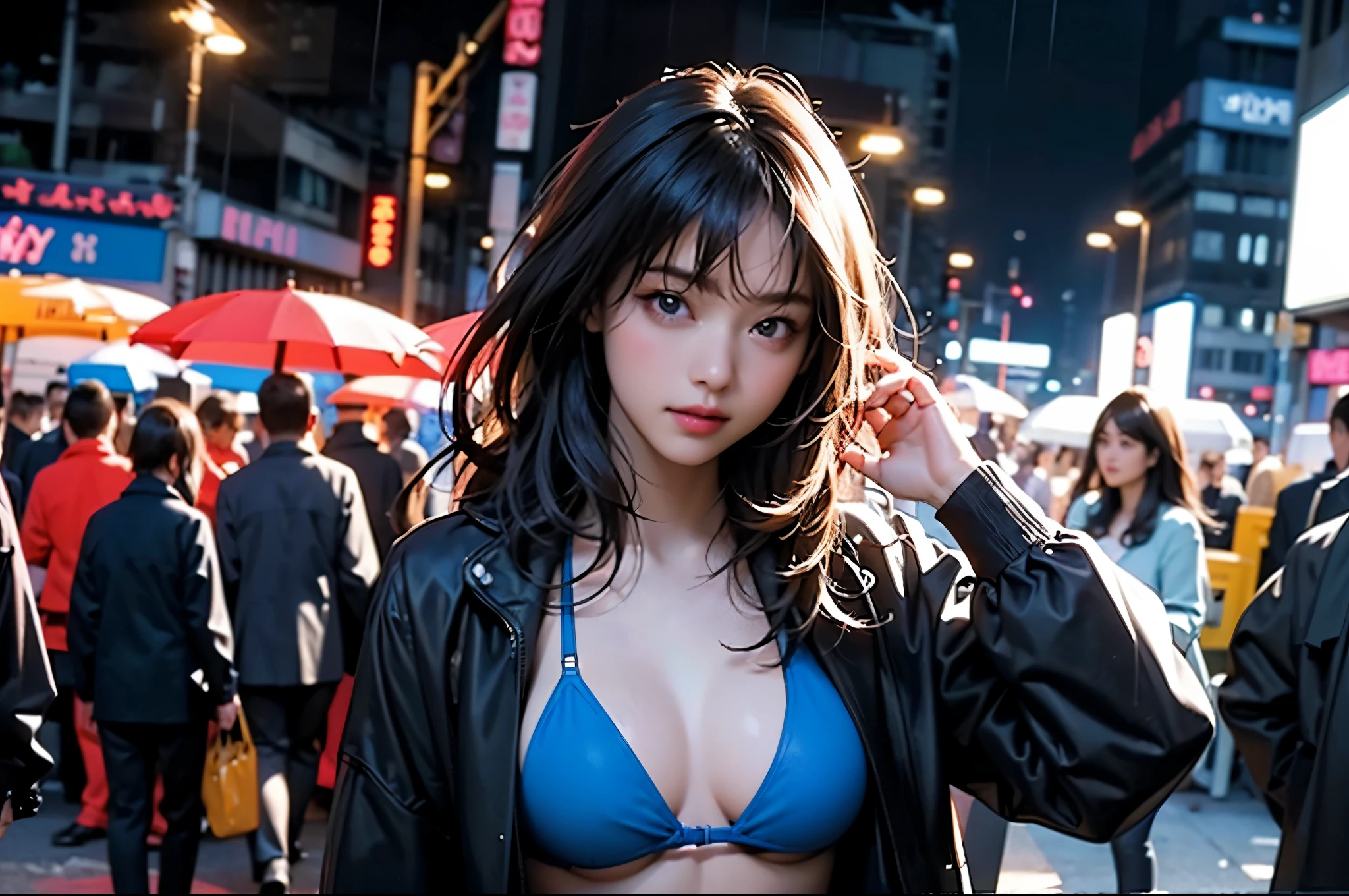 Best Illustrations, Woman covered in complex white cybernetics, Blue LED light, Combat Uniform, Cleavage, high tech, Ultra-high resolution, 32K, (Bikini Cyborg Robot Parts), (detailed:1.4), Cyberpunk City Background, Rainy Street, Beautiful Face, ((big ass)), Long golden hair, Professional Lighting, masterpiece, Very delicate and beautiful, Professional photos, (((Upper body shot))),