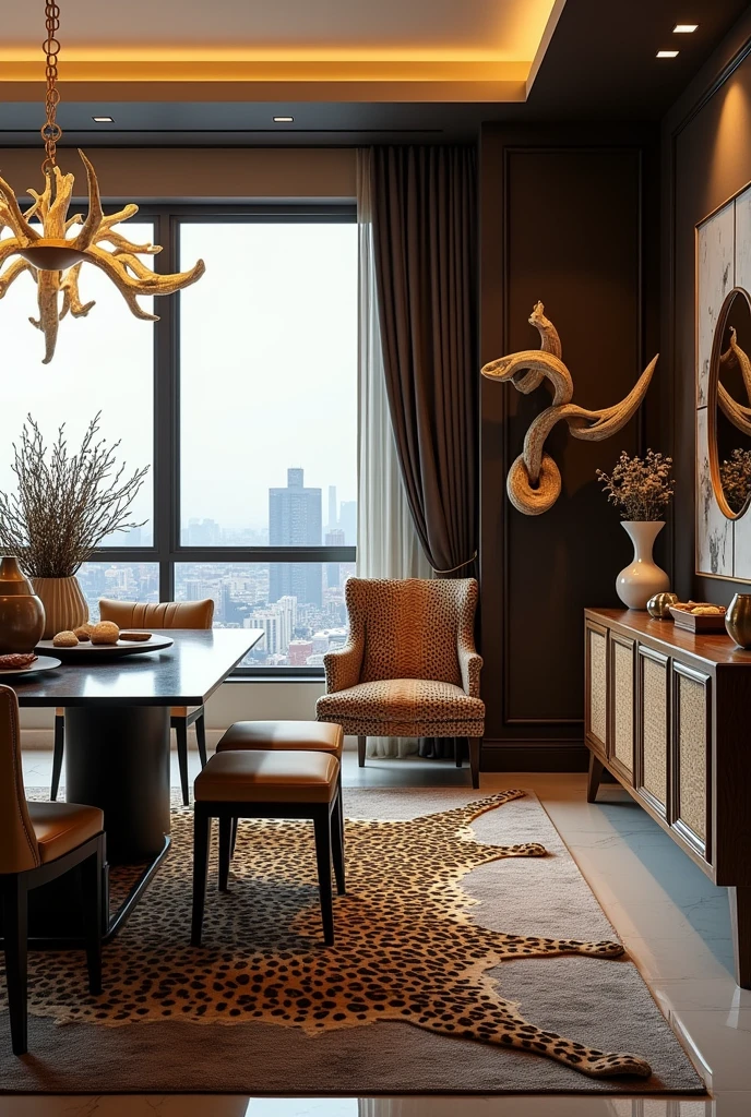 create an apartment that has a leopard skin rug under the table , with a crocodile skin armchair , and a coat rack with ivory