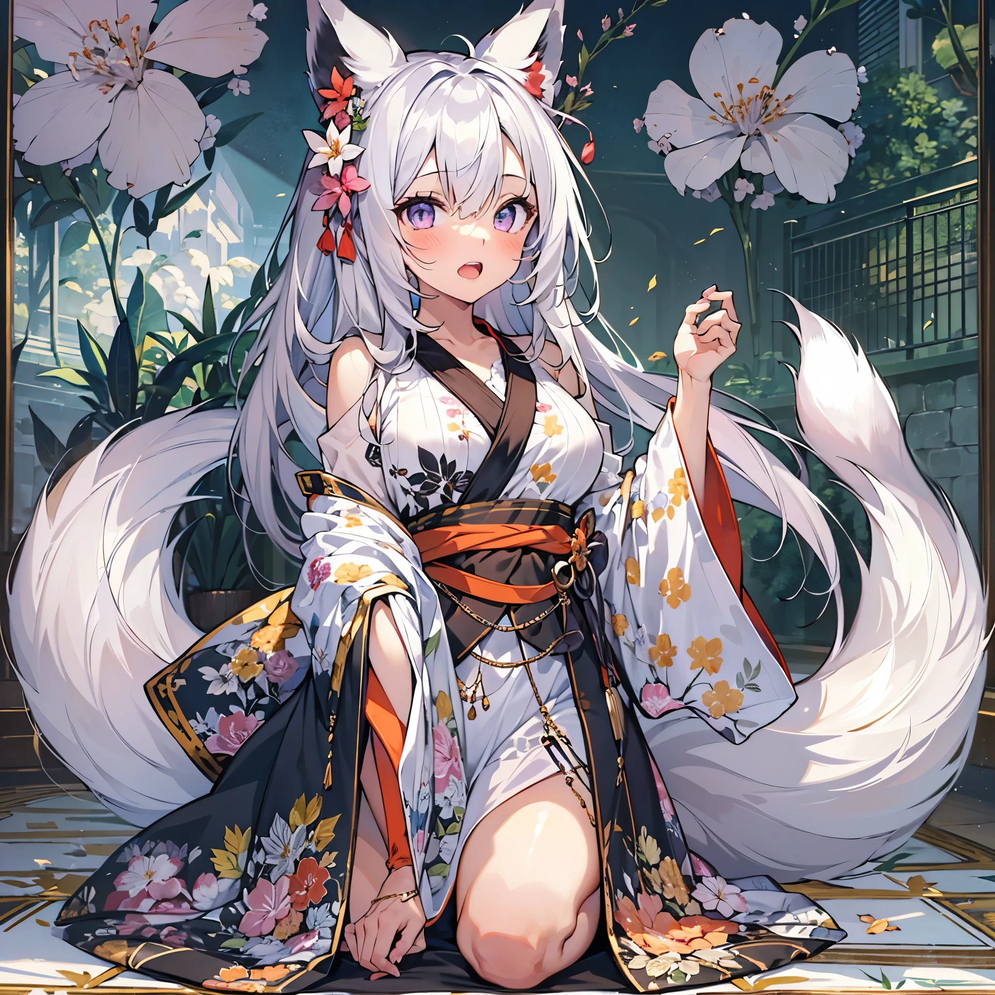 (Highest quality, High resolution, 1 girl, alone),Fox Ears, White Hair, Very large breasts, Fox&#39;s Tail, Grin, Loose kimono, （Black Pantyhose）,Bring your legs forward