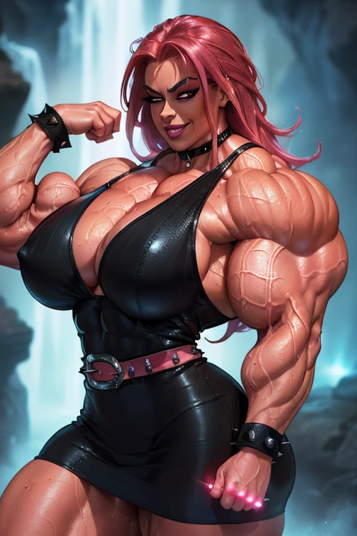 ((Close-up)), tall, ((wet shocking pink hair)) beautiful muscular woman, long straight hair, (sparkly sweating brown skinned), (closed smile), huge breast, (black lipstick), (massive muscles), (hyper muscle), (((ginormous bulky muscles))), ((glowing red eyes)), (((black tight leather dress with belt))), fingerless gloves, spiked choker, in a dark waterfall