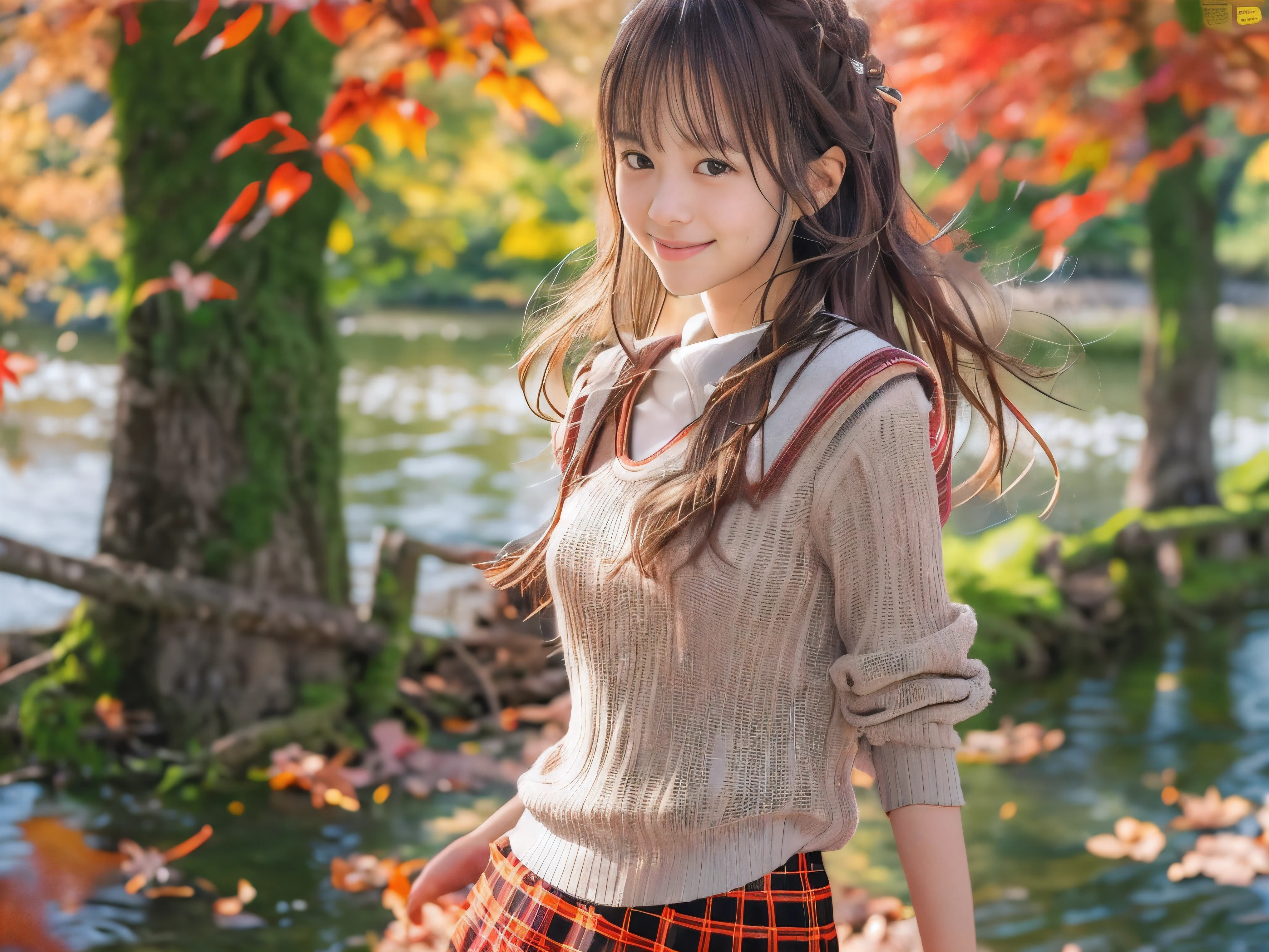 (Close up face shot of one slender small breasts half up brown long hair with bangs girl in a long sleeves shirt and sweater and skirt:1.5)、(One girl is dancing with happy smile on the dart road near the lake and big waterfall in Japan:1.5)、(Beautiful autumn red leaves landscpe:1.5)、(Natural light:1.5)、(8k ultra detailed master piece:1.5)、(perfect anatomy:1.5)、(Photorealistic stick:1.5)、(Raw photo:1.3)、(highest quality:1.5)、(High resolution:1.3)、(Delicate and beautiful perfect face:1.3)、(Delicate and beautiful eye air skin:1.3)、(Real Human Skin:1.3)、((thin legs))