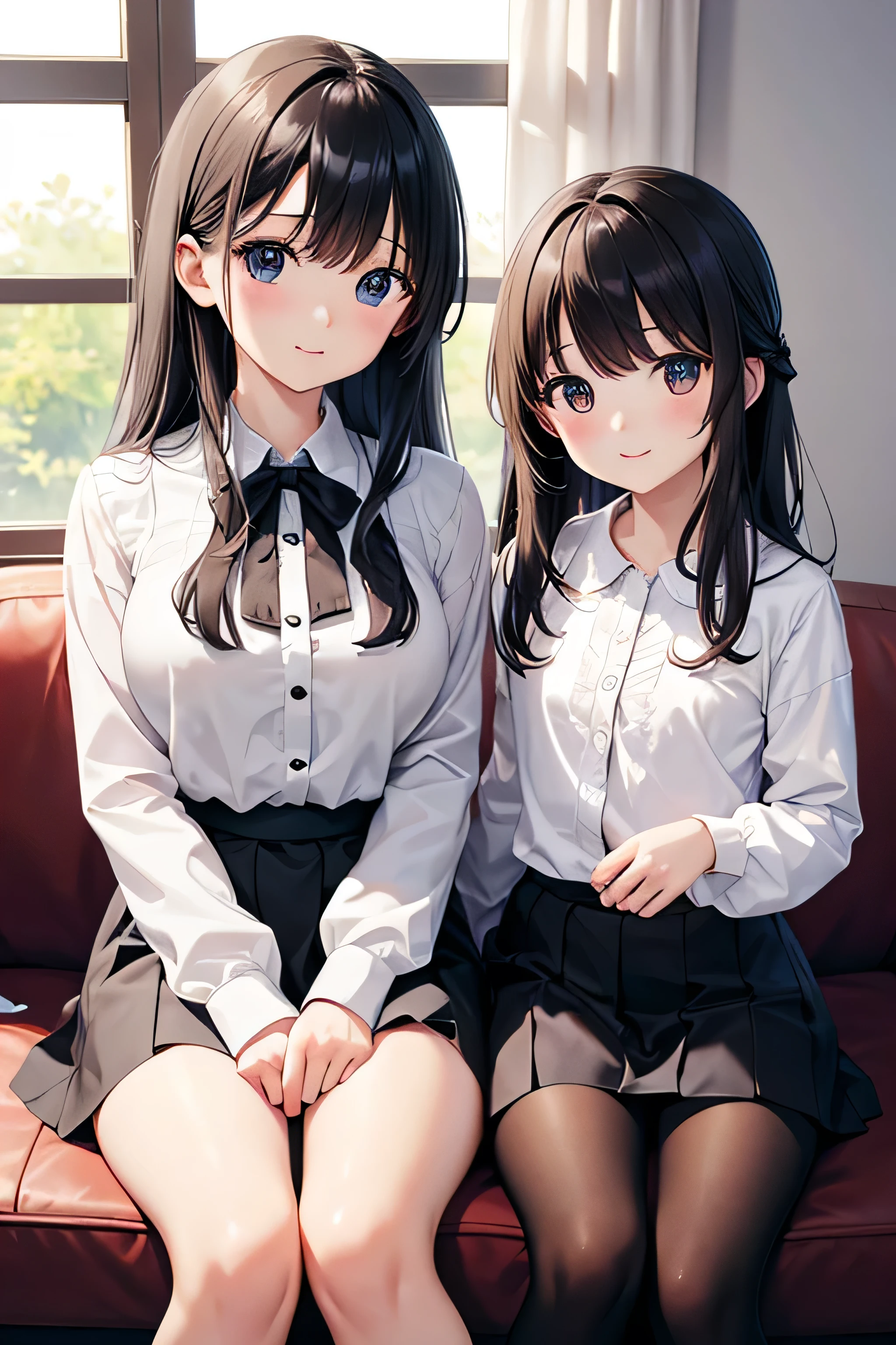 High resolution, Long Hair, accurate, masterpiece, Highest quality, (
Adults and children、Mother and daughter)、2 people、(Young、cute)、Black Hair、clear、Shirt blouse、Collared shirt blouse、白いShirt blouse、Light pink shirt blouse、Blouse with ruffles、Long sleeve、Positive、Small breasts、Sitting side by side、Young、Low heightHigh resolution,