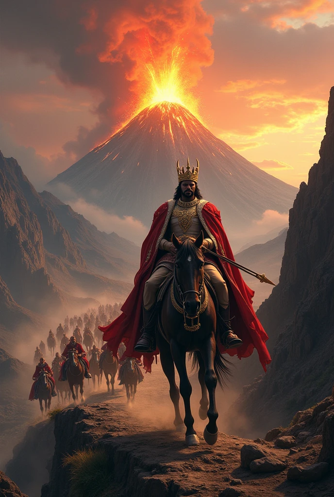 a Black man, king in red white and gold clothes on his horse guiding his people on a dangerous mountain descent with a volcano erupting in the background, dangerous journey. Many subjects, several carriages and people on foot accompanying the king.