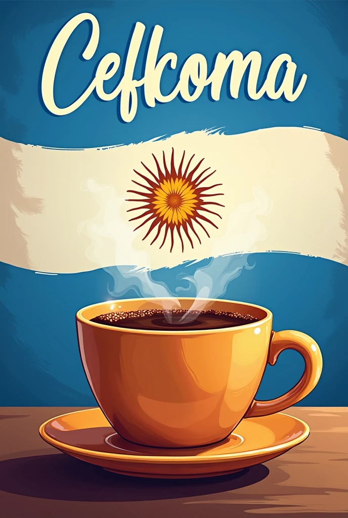 A cup of coffee that says in the background: We are now open in the Spanish language with the Argentine flag in the background.